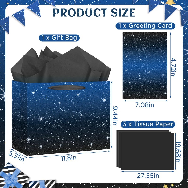 Woosytoo Space Party Gift Bag Galaxy Gift Bag with Card Tissue Paper Space Party Decorations Outer Space Stars Party Favors Bags Blue Birthday Wrapping Paper Goodie Candy Bags for Boys Kids Birthday Party - Image 3