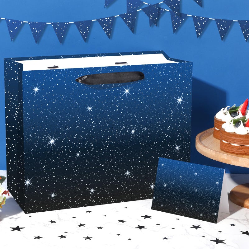 Woosytoo Space Party Gift Bag Galaxy Gift Bag with Card Tissue Paper Space Party Decorations Outer Space Stars Party Favors Bags Blue Birthday Wrapping Paper Goodie Candy Bags for Boys Kids Birthday Party - Image 2