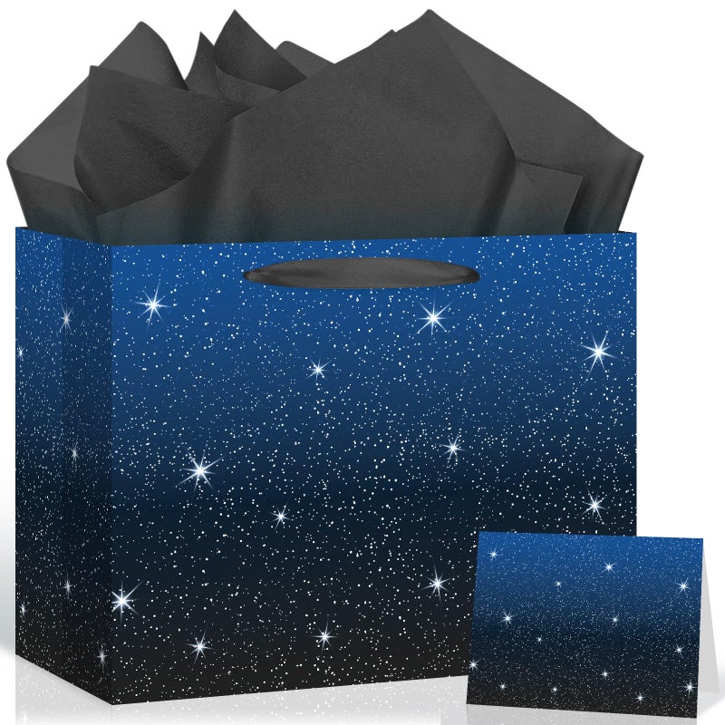 Woosytoo Space Party Gift Bag Galaxy Gift Bag with Card Tissue Paper Space Party Decorations Outer Space Stars Party Favors Bags Blue Birthday Wrapping Paper Goodie Candy Bags for Boys Kids Birthday Party - Image 1