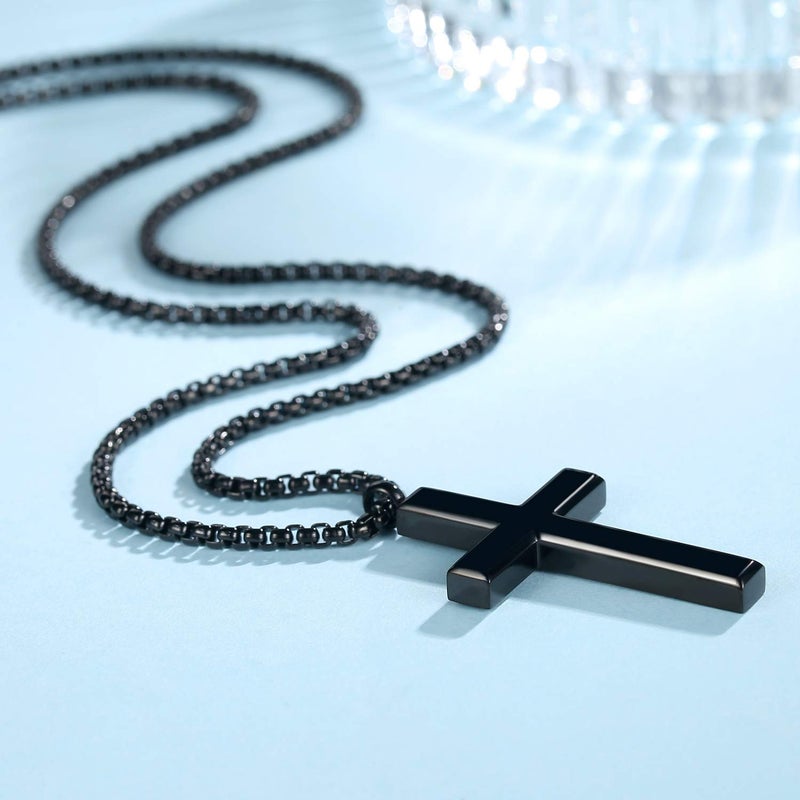 REVEMCN Simple Men’s Stainless Steel Cross Pendant Chain Necklace for Men Women, 20-24 Inches Chain (20, Black Tone - Rolo Cable Chain) - Image 4