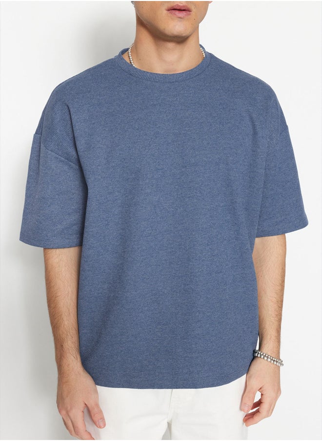 trendyol - Indigo Oversize/Wide Cut Textured Waffle Short Sleeve T-Shirt TMNSS22TS00049 - Image 1