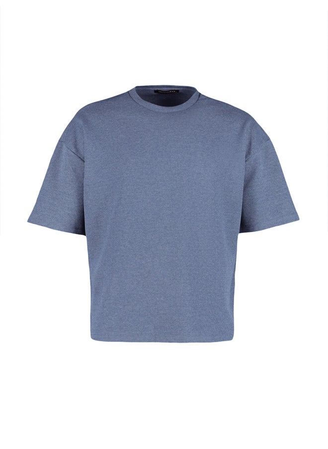 trendyol - Indigo Oversize/Wide Cut Textured Waffle Short Sleeve T-Shirt TMNSS22TS00049 - Image 1