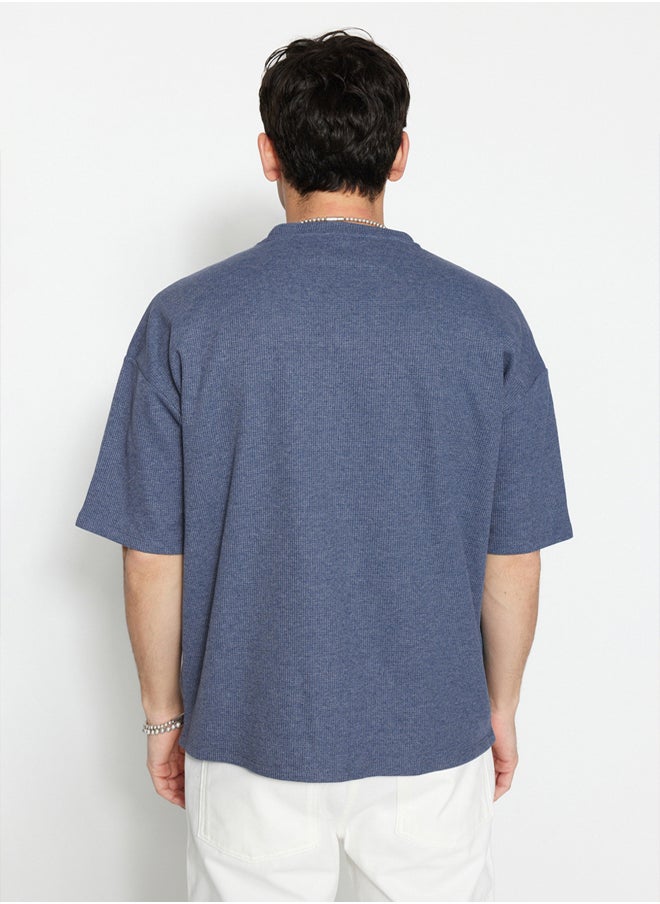 trendyol - Indigo Oversize/Wide Cut Textured Waffle Short Sleeve T-Shirt TMNSS22TS00049 - Image 1