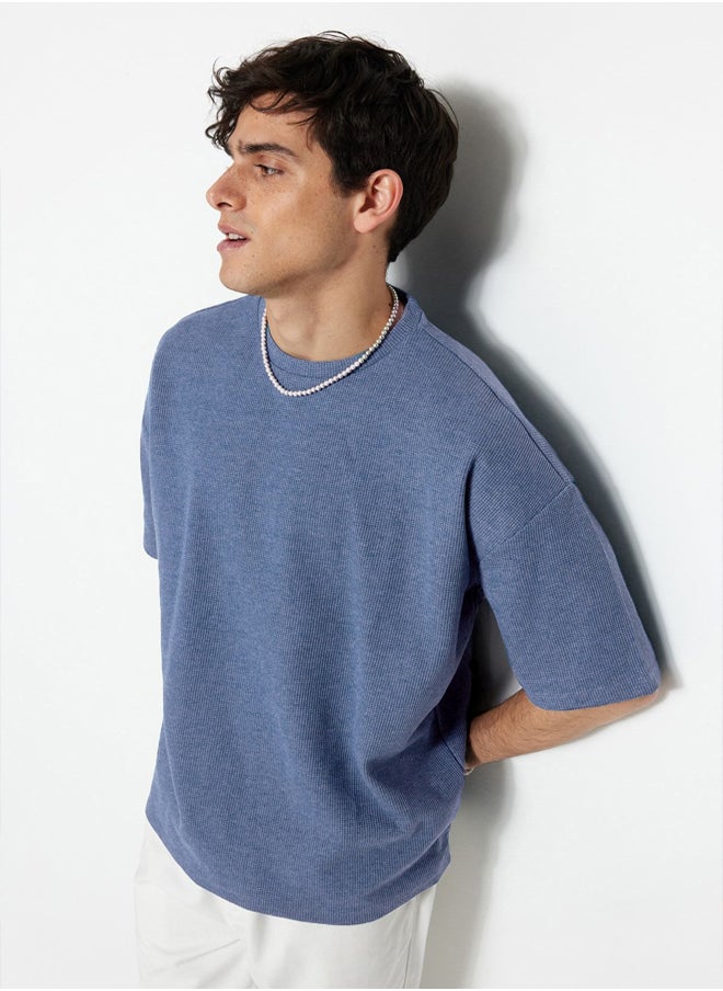 trendyol - Indigo Oversize/Wide Cut Textured Waffle Short Sleeve T-Shirt TMNSS22TS00049 - Image 1