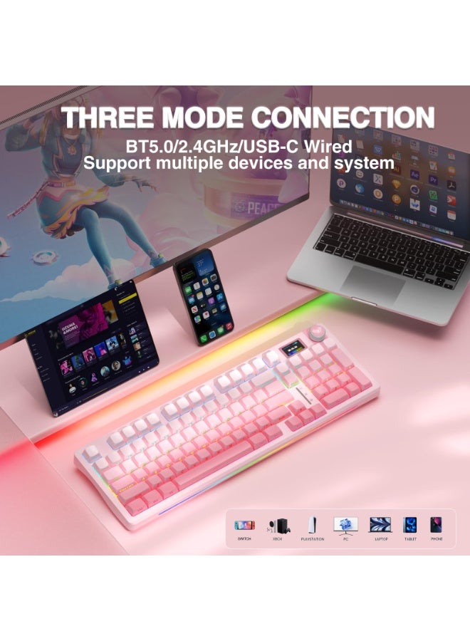 أولا لوحة مفاتيح ميكانيكية لاسلكية AULA S98 Pro مع شاشة ومقبض، 2.4 جيجاهرتز/USB-C/BT5.0، لوحة مفاتيح وردية كريمية قابلة للتبديل السريع، مفاتيح خطية مُشحمة مسبقًا، أغطية مفاتيح PBT مطبوعة جانبية، لوحات مفاتيح ألعاب بإضاءة خلفية RGB - Image 4