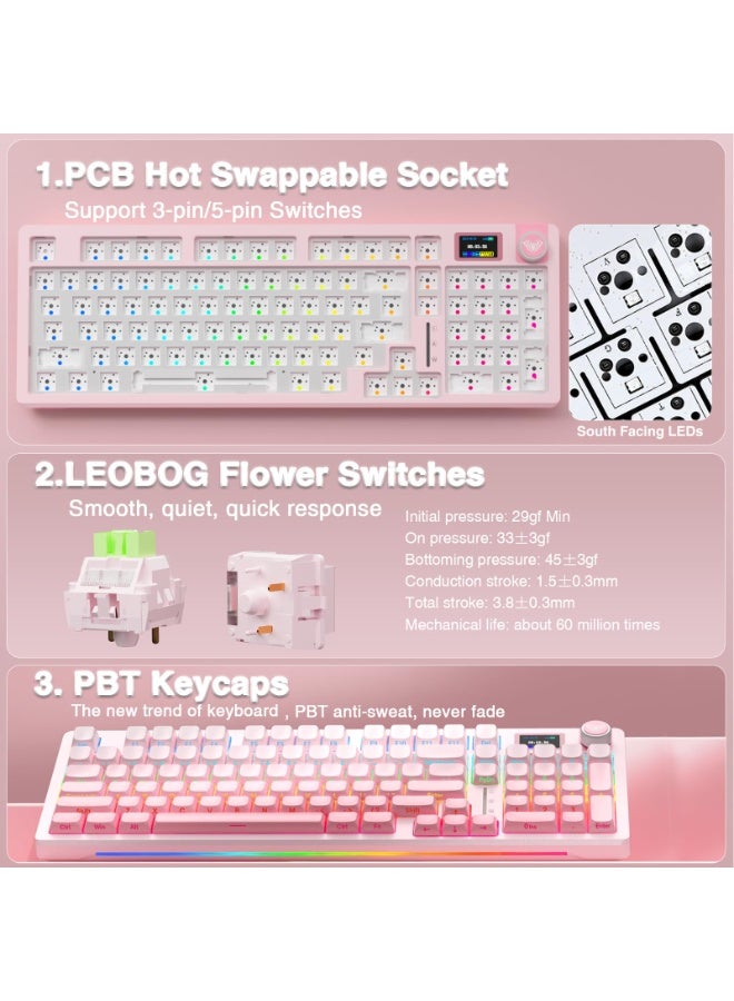 أولا لوحة مفاتيح ميكانيكية لاسلكية AULA S98 Pro مع شاشة ومقبض، 2.4 جيجاهرتز/USB-C/BT5.0، لوحة مفاتيح وردية كريمية قابلة للتبديل السريع، مفاتيح خطية مُشحمة مسبقًا، أغطية مفاتيح PBT مطبوعة جانبية، لوحات مفاتيح ألعاب بإضاءة خلفية RGB - Image 5