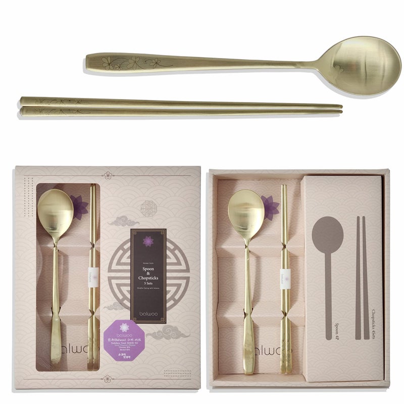 BALWOO 5 Sets Made in Korea Korean Sticky Rice Spoon Chopsticks Set Gold Titanium Plating 304 Stainless Steel Tableware Cutlery Set Mukbang Chopsticks Cosmos TITANIUM 5 Sets
