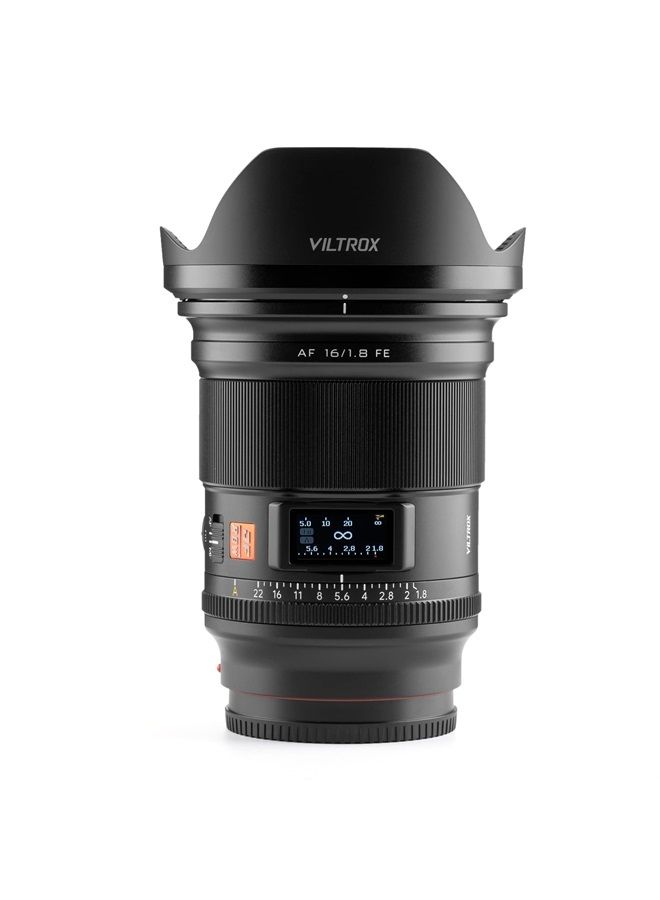 AF 16mm f/1.8 FE Full Frame Lens for Sony E, Autofocus Lens with Built-in LCD Screen, Large Aperture for Sony E-Mount a7