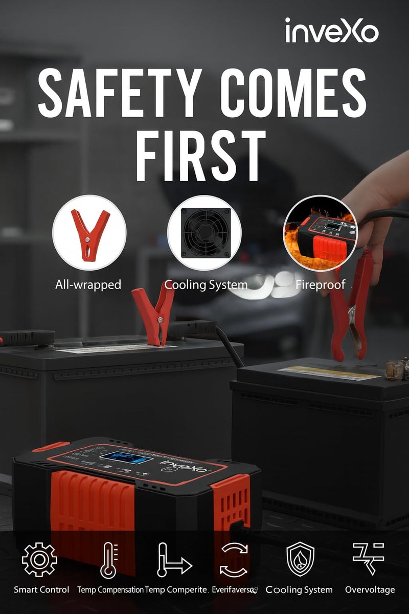 inveXo شاحن بطارية ذكي للسيارات 12V 6A | سيارة، دراجة، شاحنة | شاحن تدفق السيارات، حافظ البطارية ومزيل الكبريت مع تعويض درجة الحرارة | مناسب لبطاريات الرصاص الحمضية، AGM، GEL، SLA - Image 5