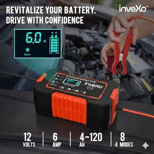 inveXo شاحن بطارية ذكي للسيارات 12V 6A | سيارة، دراجة، شاحنة | شاحن تدفق السيارات، حافظ البطارية ومزيل الكبريت مع تعويض درجة الحرارة | مناسب لبطاريات الرصاص الحمضية، AGM، GEL، SLA - Image 2