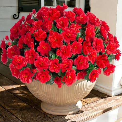 Ivydale Artificial Faux Red Flowers Plants for Outdoor Outside Spring Decor Fake Silk Camellia UV Resistant Look Real for Planter Porch Patio Balcony Garden Table Indoor 3 Large Bundles - Image 1