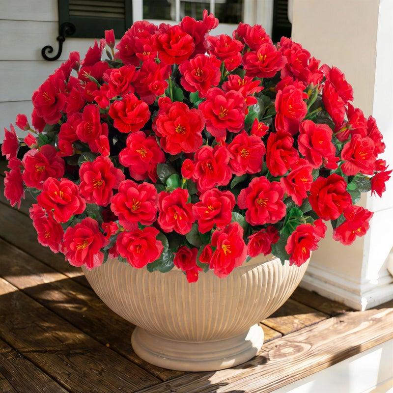 Ivydale Artificial Faux Red Flowers Plants for Outdoor Outside Spring Decor Fake Silk Camellia UV Resistant Look Real for Planter Porch Patio Balcony Garden Table Indoor 3 Large Bundles - Image 2
