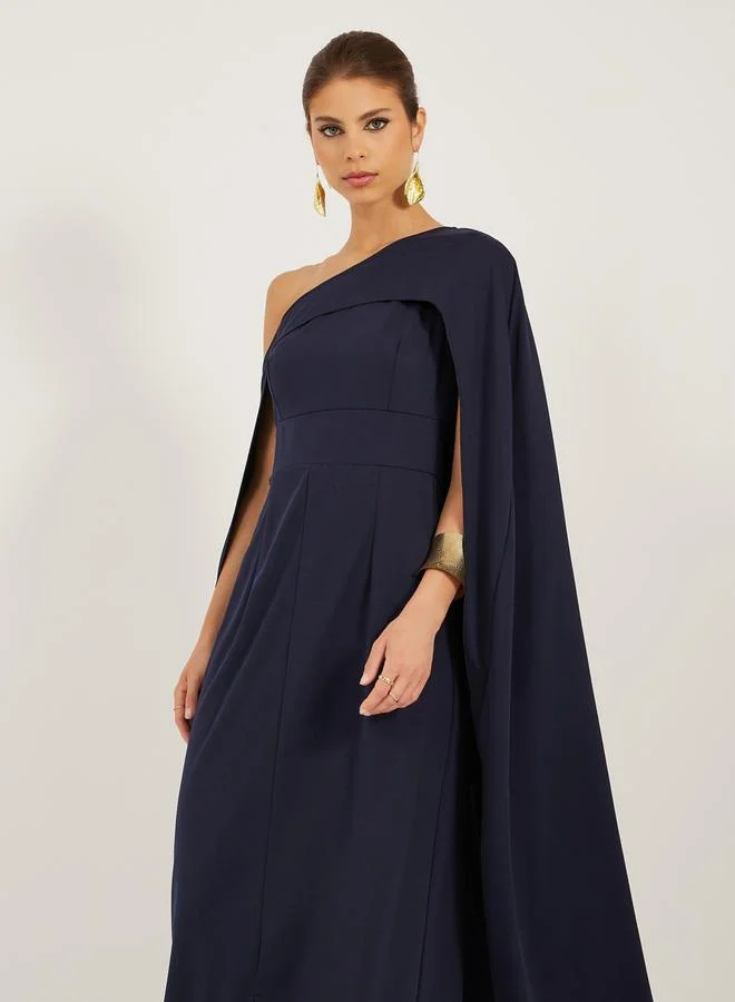 Styli Solid One Shoulder Cape Sleeve Maxi Dress