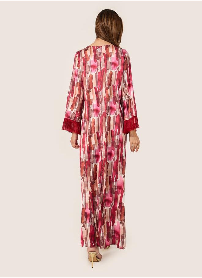 Styli - Abstract Print Jalabiya with Tassel Trim - Image 1