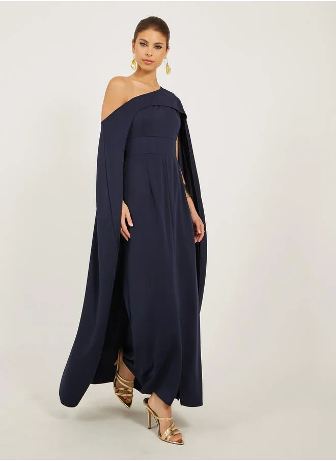 Styli Solid One Shoulder Cape Sleeve Maxi Dress