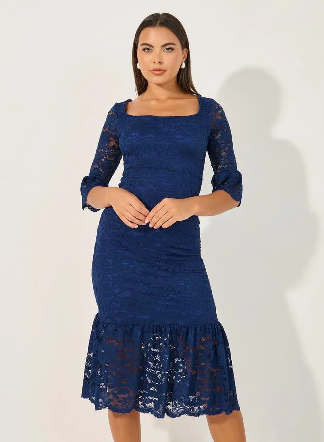 Styli Lace Square Neck Mermaid Midi Dress