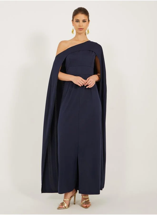 Styli Solid One Shoulder Cape Sleeve Maxi Dress