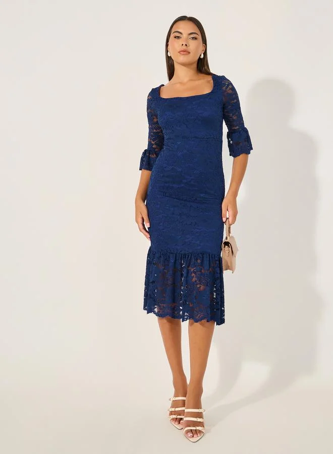 Styli Lace Square Neck Mermaid Midi Dress