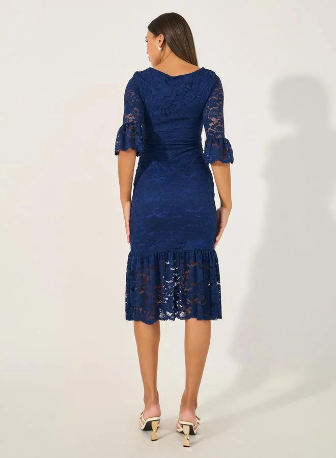 Styli Lace Square Neck Mermaid Midi Dress
