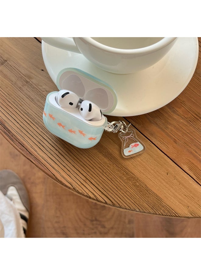 Generic - Refreshing Blue Small Goldfish AirpodsPro2 Earpiece Case For Apple 2/3/4 Generation Wireless Bluetooth Protective Cover-Color:Oil Painting Blue Goldfish + Pendant-Applicable Models:Airpods Pro (second Generation) - Image 1