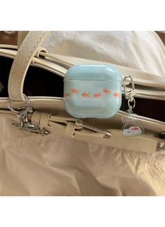 Refreshing Blue Small Goldfish AirpodsPro2 Earpiece Case For Apple 2/3/4 Generation Wireless Bluetooth Protective Cover-Color:Oil Painting Blue Goldfish + Pendant-Applicable Models:Airpods Pro (second Generation)