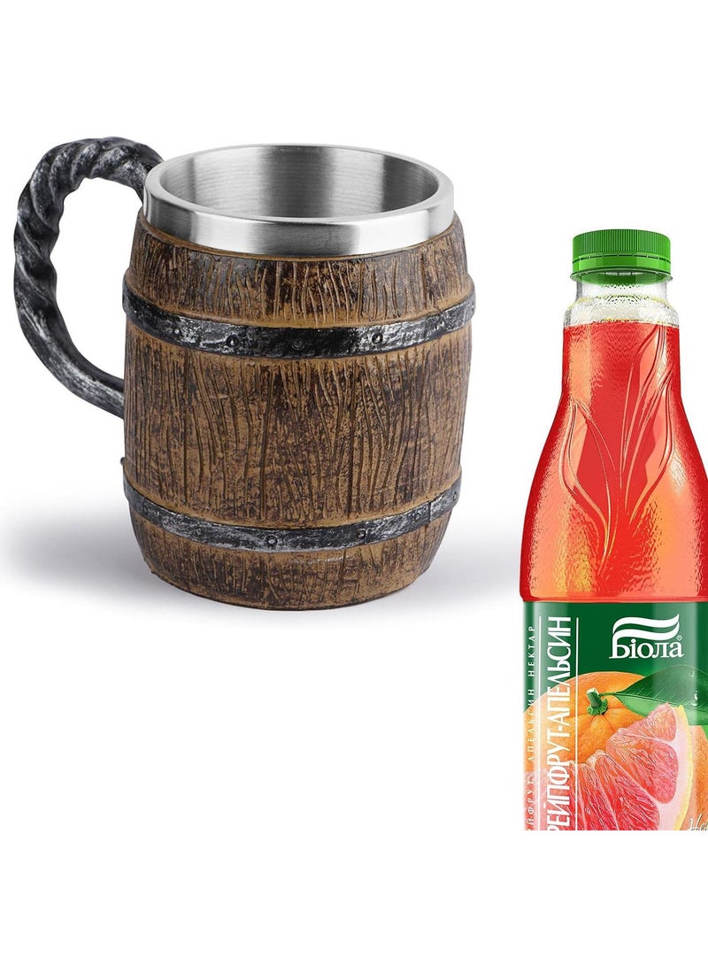 GGOOT Wood Style Beer Mug Christmas Gift Simulation Wooden Barrel Beer Cup Oak Wood Stainless Steel Cup Double Wall Drinking Mug Metal Insulated Drinking - Image 1