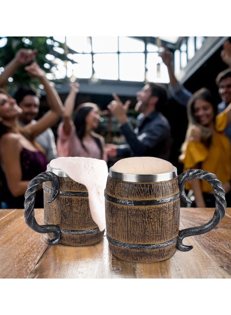 GGOOT Wood Style Beer Mug Christmas Gift Simulation Wooden Barrel Beer Cup Oak Wood Stainless Steel Cup Double Wall Drinking Mug Metal Insulated Drinking - Image 2
