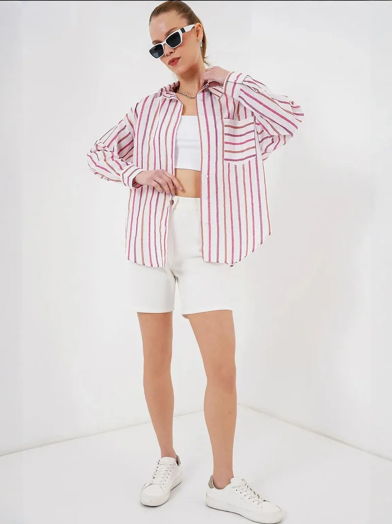 بيغ دارت قميص قطني مخطط كبير الحجم بجيوب