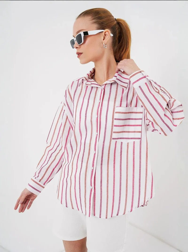 بيغ دارت قميص قطني مخطط كبير الحجم بجيوب