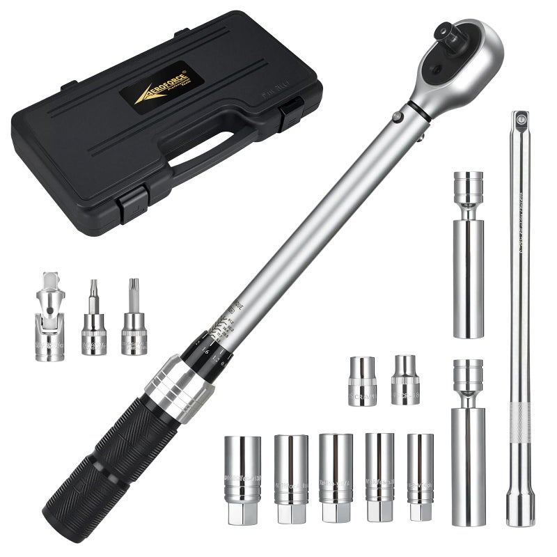 AEROFORCE Professional Tools AEROFORCE 14PCS 3/8-Inch Drive Swivel Magnetic Spark Plug Socket Set with 3/8'' Torque Wrench (5-45 Lb.ft/6.8-61.2 Nm), Universal Joint & Extension Bar - Durable CR-V Steel for Easy Spark Plug Removal - Image 1