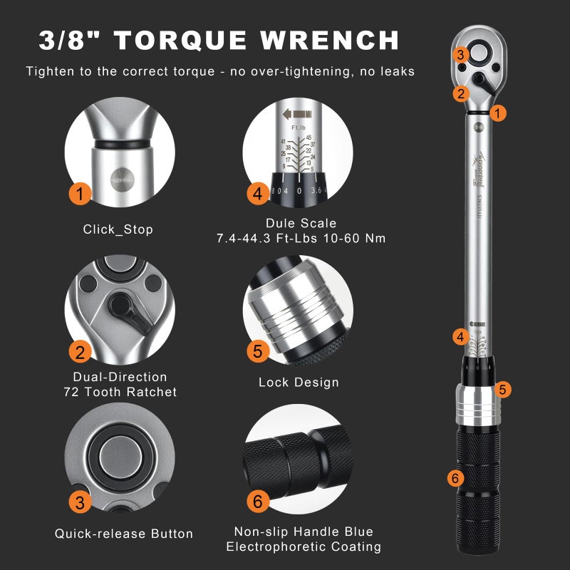 AEROFORCE Professional Tools AEROFORCE 14PCS 3/8-Inch Drive Swivel Magnetic Spark Plug Socket Set with 3/8'' Torque Wrench (5-45 Lb.ft/6.8-61.2 Nm), Universal Joint & Extension Bar - Durable CR-V Steel for Easy Spark Plug Removal - Image 4