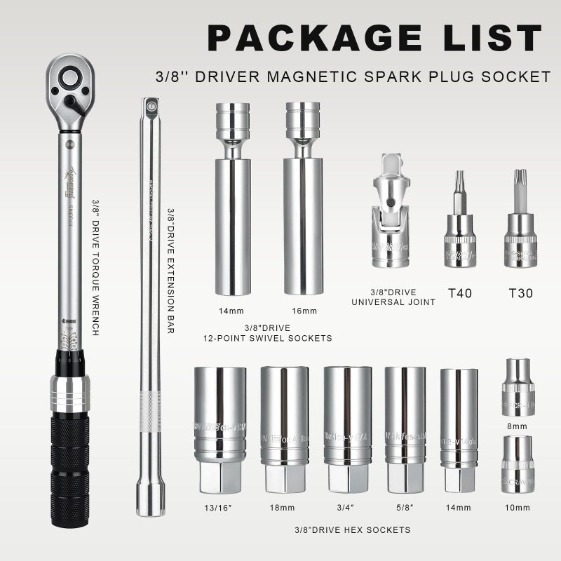 AEROFORCE Professional Tools AEROFORCE 14PCS 3/8-Inch Drive Swivel Magnetic Spark Plug Socket Set with 3/8'' Torque Wrench (5-45 Lb.ft/6.8-61.2 Nm), Universal Joint & Extension Bar - Durable CR-V Steel for Easy Spark Plug Removal - Image 2