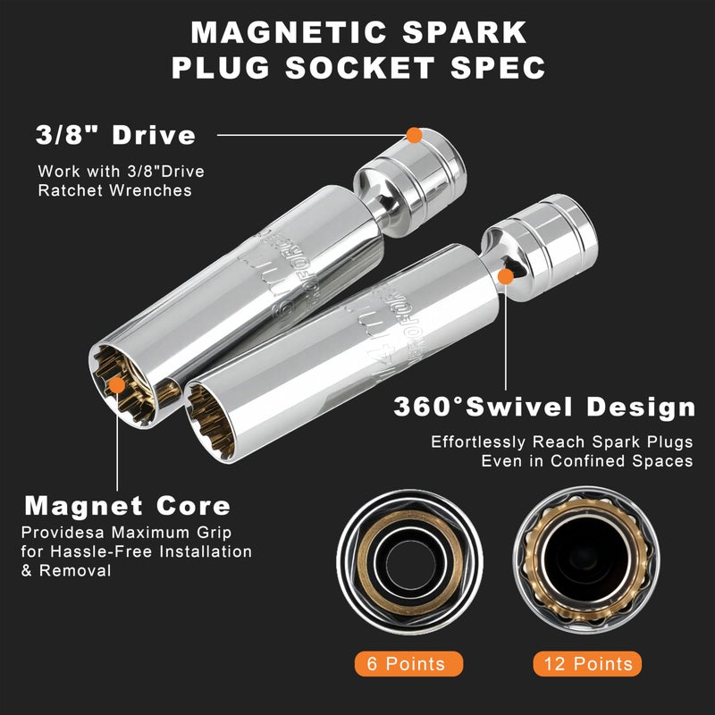 AEROFORCE Professional Tools AEROFORCE 14PCS 3/8-Inch Drive Swivel Magnetic Spark Plug Socket Set with 3/8'' Torque Wrench (5-45 Lb.ft/6.8-61.2 Nm), Universal Joint & Extension Bar - Durable CR-V Steel for Easy Spark Plug Removal - Image 3