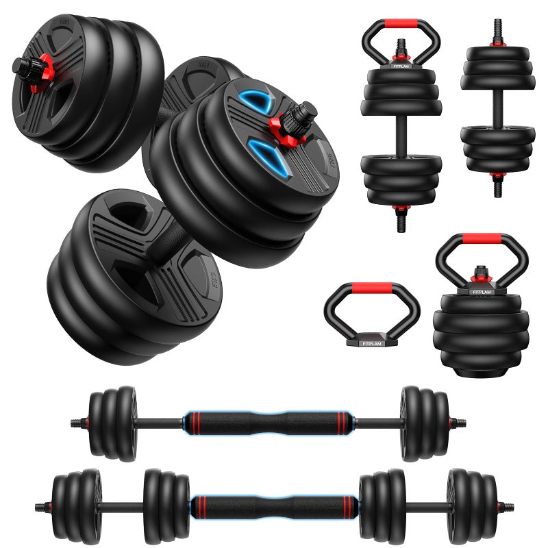 FITPLAM مجموعة دمبل قابلة للتعديل، مجموعة أوزان حرة 20 رطل مع صمولة مطورة، مجموعة أوزان 5 في 1 تستخدم كأثقال كيتل، باربل، قاعدة ضغط، تمارين لياقة بدنية لصالة رياضية منزلية مناسبة للرجال/النساء - Image 1