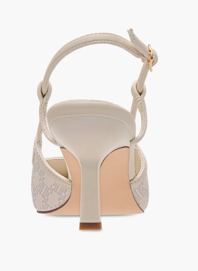 ايل Women's Monogram Print Slingback Shoes with Buckle Closure and Kitten Heels