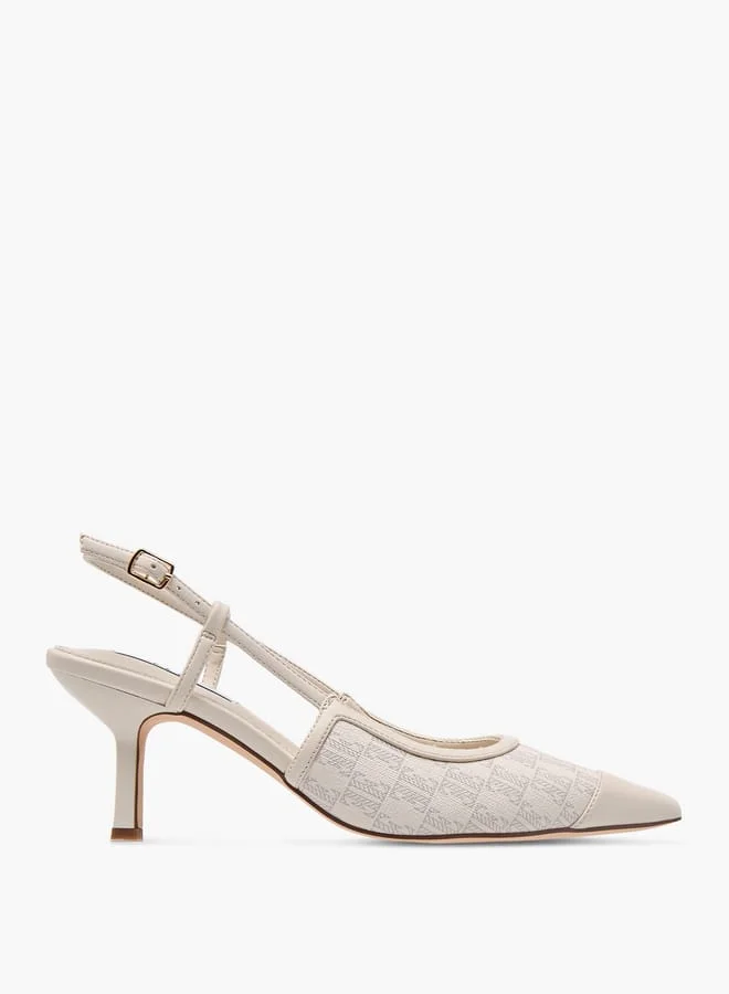 ايل Women's Monogram Print Slingback Shoes with Buckle Closure and Kitten Heels