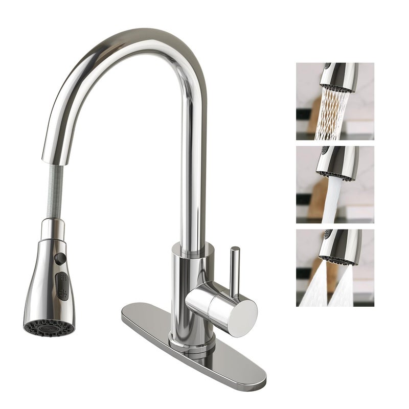 Oersitor Kitchen Faucet With Pull Down Sprayer Brushed Stainless Steel Single Handle Kitchen Faucet Multiple Modes Switch Water 1/3 Hole  Deck Plate Included (Chrome) - Image 1