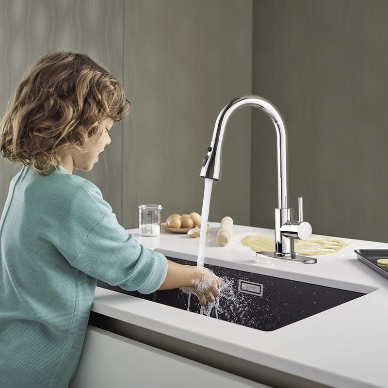 Oersitor Kitchen Faucet With Pull Down Sprayer Brushed Stainless Steel Single Handle Kitchen Faucet Multiple Modes Switch Water 1/3 Hole  Deck Plate Included (Chrome) - Image 5