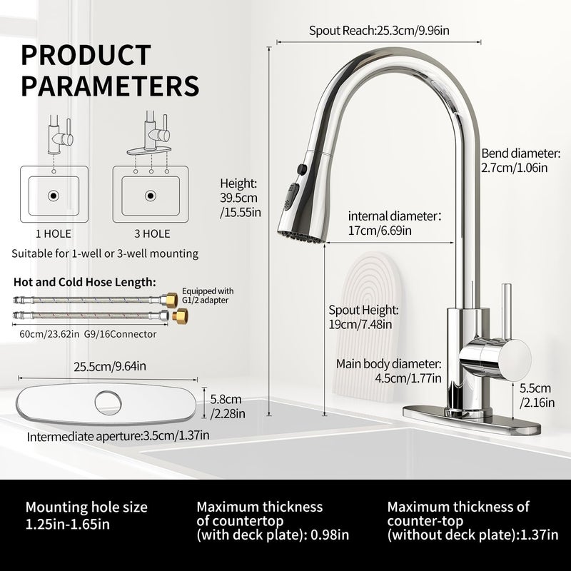 Oersitor Kitchen Faucet With Pull Down Sprayer Brushed Stainless Steel Single Handle Kitchen Faucet Multiple Modes Switch Water 1/3 Hole  Deck Plate Included (Chrome) - Image 2