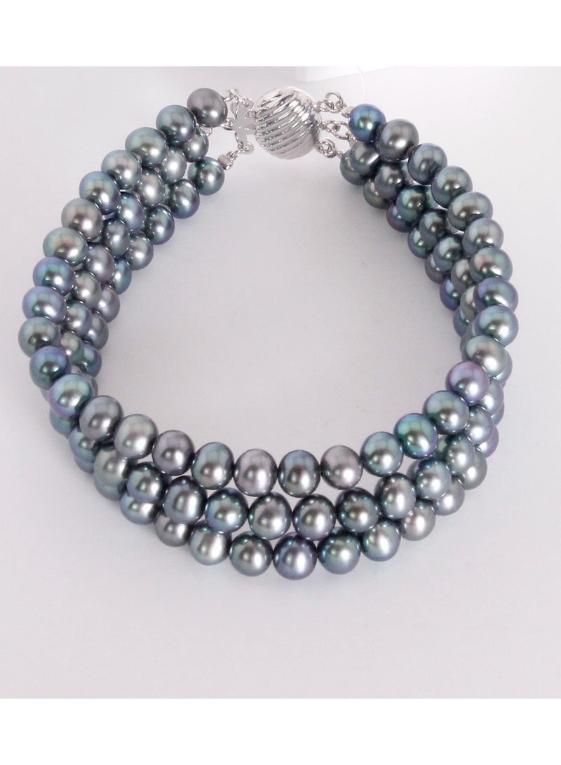 MIKURA Bracelet 3st 19cm, Freshwater Pearls, A Quality, Treated Black Color, 5.5-5.0MM, 18KW  - Image 2