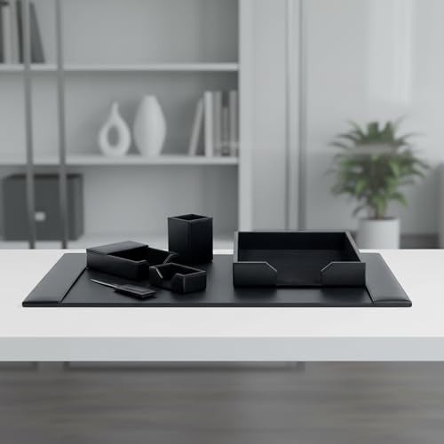 Dacasso مجموعة مكتب دكاسو من الجلد الملتصق - وسادة مكتب جلدية فاخرة وضروريات تنظيم المكتب (أسود، 6 قطع) - Image 3