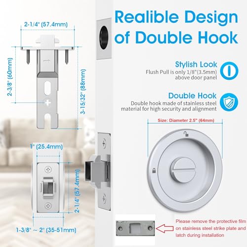 AST Round Pocket Door Lock with Edge Pull, Sturdy Privacy Bifold and Cavity Sliding Door Lock with Flush Pull, Replacement Hardware with Latch, Made of Zinc Alloy, Fingermark Proof, Satin Chrome - Image 4