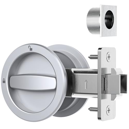 AST Round Pocket Door Lock with Edge Pull, Sturdy Privacy Bifold and Cavity Sliding Door Lock with Flush Pull, Replacement Hardware with Latch, Made of Zinc Alloy, Fingermark Proof, Satin Chrome - Image 1