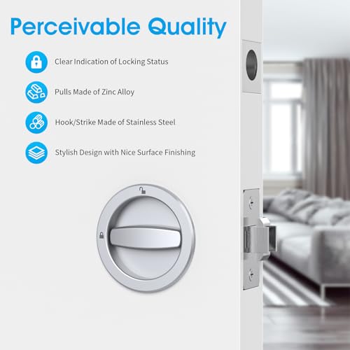 AST Round Pocket Door Lock with Edge Pull, Sturdy Privacy Bifold and Cavity Sliding Door Lock with Flush Pull, Replacement Hardware with Latch, Made of Zinc Alloy, Fingermark Proof, Satin Chrome - Image 2