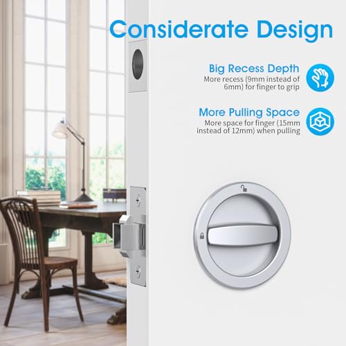 AST Round Pocket Door Lock with Edge Pull, Sturdy Privacy Bifold and Cavity Sliding Door Lock with Flush Pull, Replacement Hardware with Latch, Made of Zinc Alloy, Fingermark Proof, Satin Chrome - Image 3