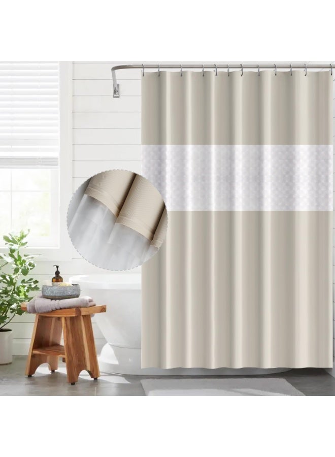Shower Curtain Spliced 180 x 200 cm EVA Shower Curtain Moisture Resistant Waterproof Bathroom Curtain 12 Shower Ring Curtain Easy to Clean Bath Curtain (Beige & White) - Image 1