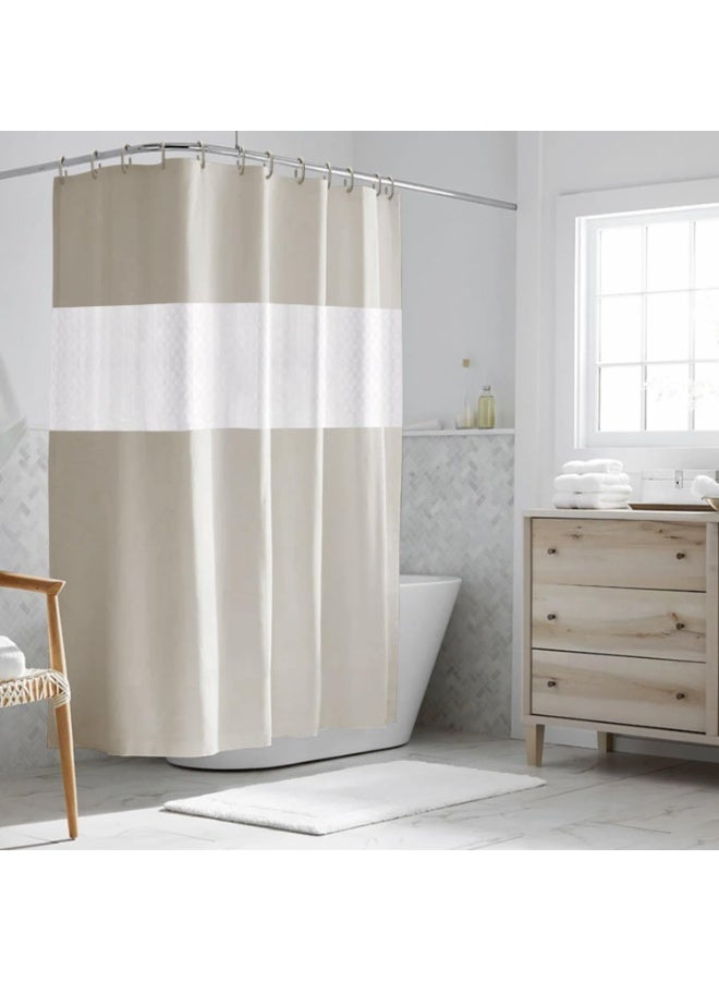 Shower Curtain Spliced 180 x 200 cm EVA Shower Curtain Moisture Resistant Waterproof Bathroom Curtain 12 Shower Ring Curtain Easy to Clean Bath Curtain (Beige & White) - Image 2
