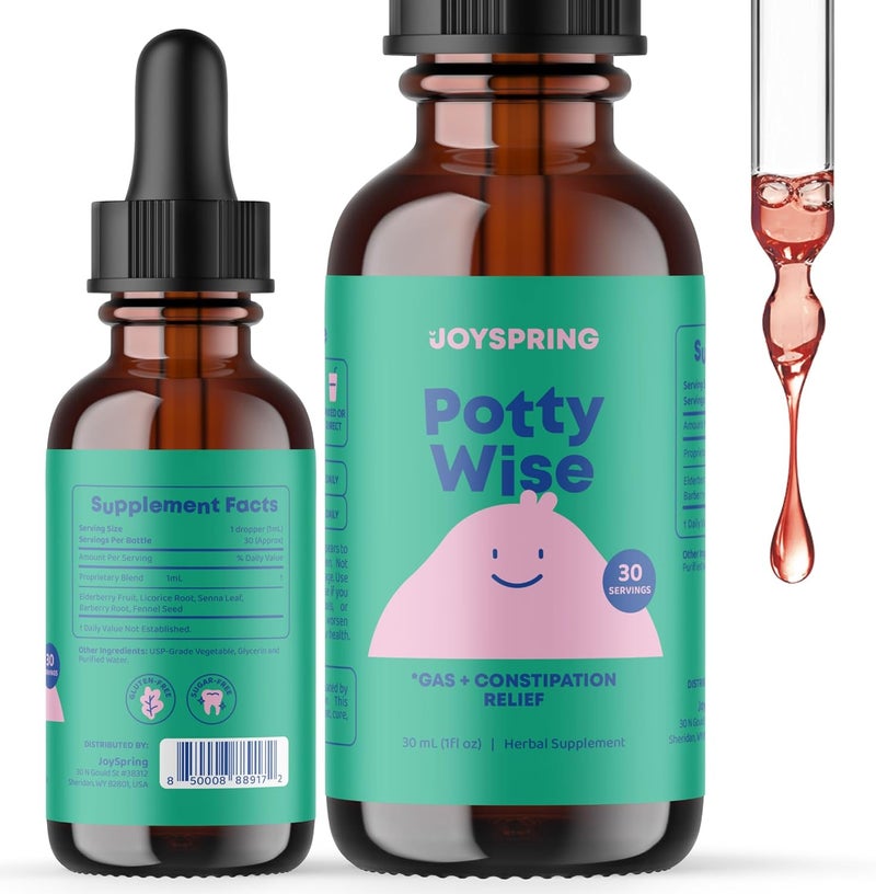 JoySpring Potty Wise Drops Natural Constipation Relief for Kids Toddlers Elderberry Licorice Root Extract Fennel Seed Senna SugarFree Vegan Liquid Blend Supplement 1 fl oz 30 Servings - Image 1