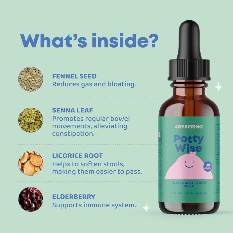 JoySpring Potty Wise Drops Natural Constipation Relief for Kids Toddlers Elderberry Licorice Root Extract Fennel Seed Senna SugarFree Vegan Liquid Blend Supplement 1 fl oz 30 Servings - Image 5