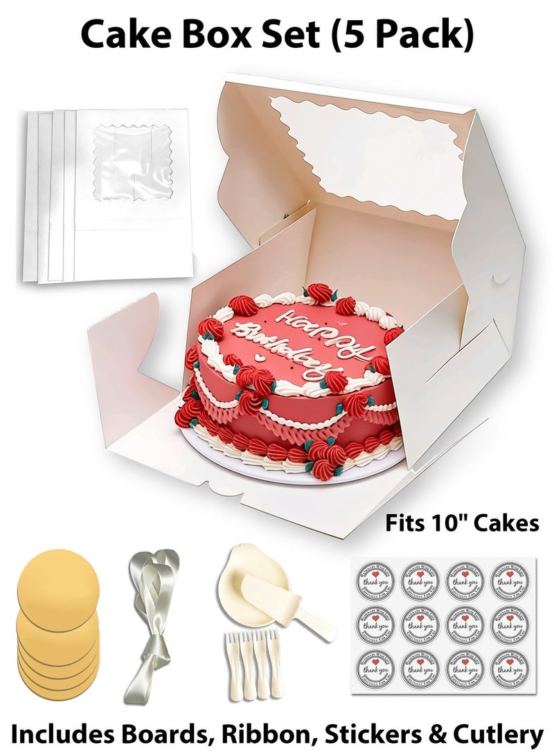 مجموعة علب كيك 10×10×5 إنش – 5 علب كيك بيضاء مع نافذة و5 قواعد كيك ذهبية مع ملصقات إغلاق وأكسسوارات للتغليف للحفلات وأعياد الميلاد والزفاف - Image 1